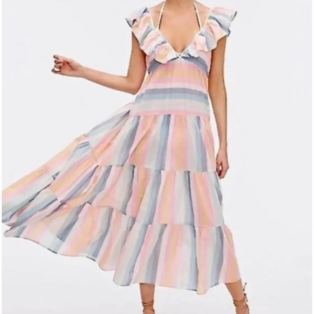 J Crew Dress Womens XL Extra Small Multi Cotton Tiered Ruffle Stripe Beach Cover